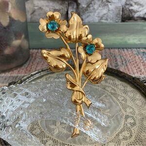 Vintage Signed Coro Art Deco Glass Blue Rhinestone Flower Gold Metal Brooch Pin